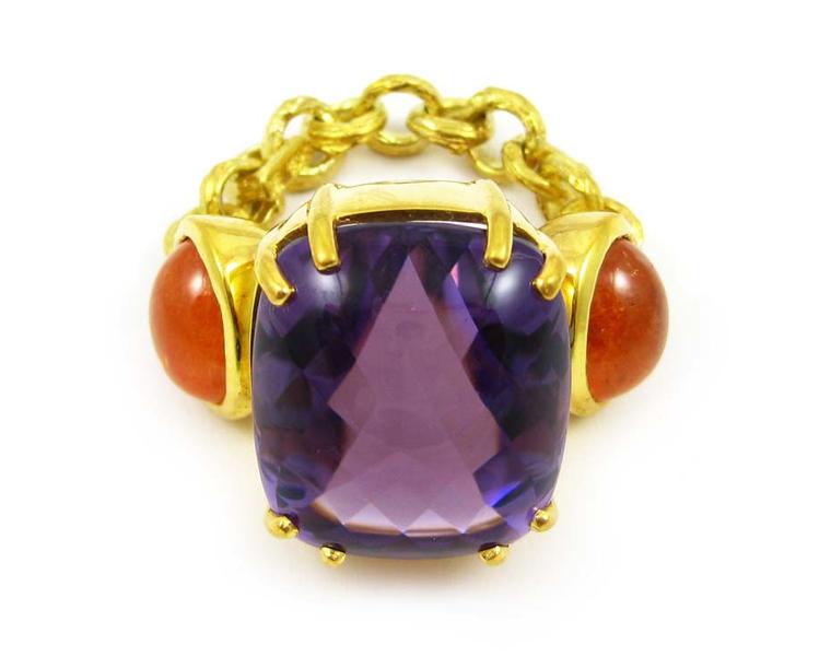 K. Brunini Chains of Love Twig ring in yellow gold with a central 30.86ct amethyst and two mandarin garnet cabochons ($15,320).