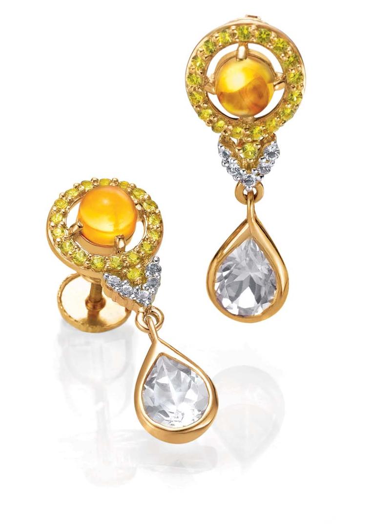 Tanishq IVA 2 collection gold and diamond drop earrings with coloured stones.