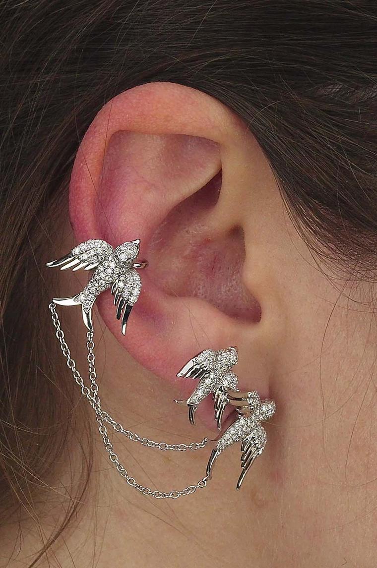 Colette Blue Drift white gold 3 Bird ear cuff with white diamonds.