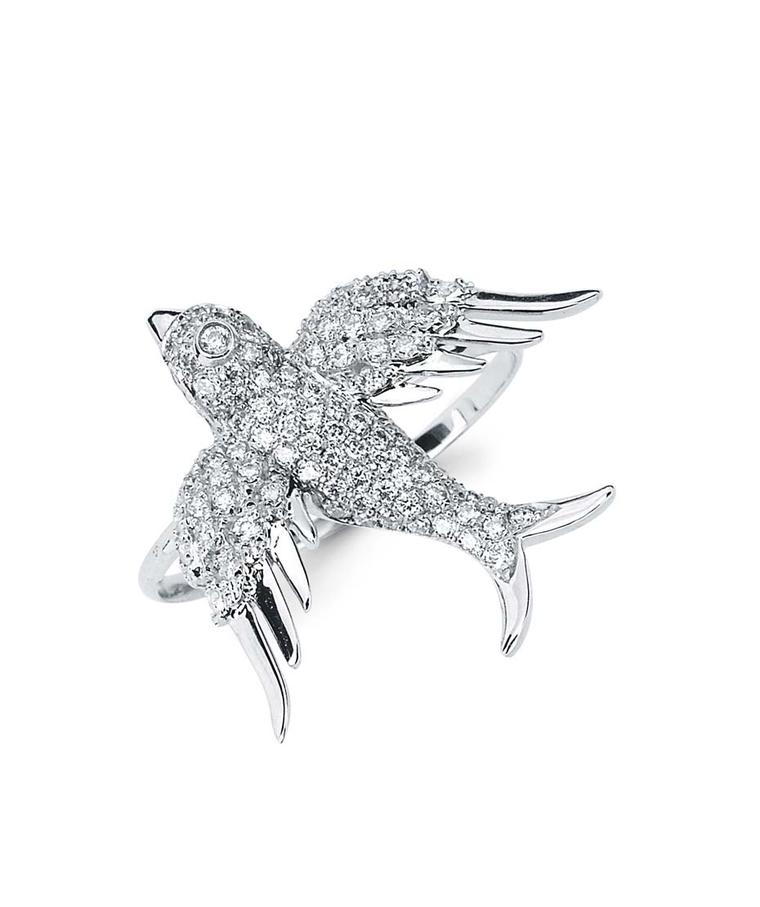 Colette Blue Drift white gold Bird ring with white diamonds ($4,250).