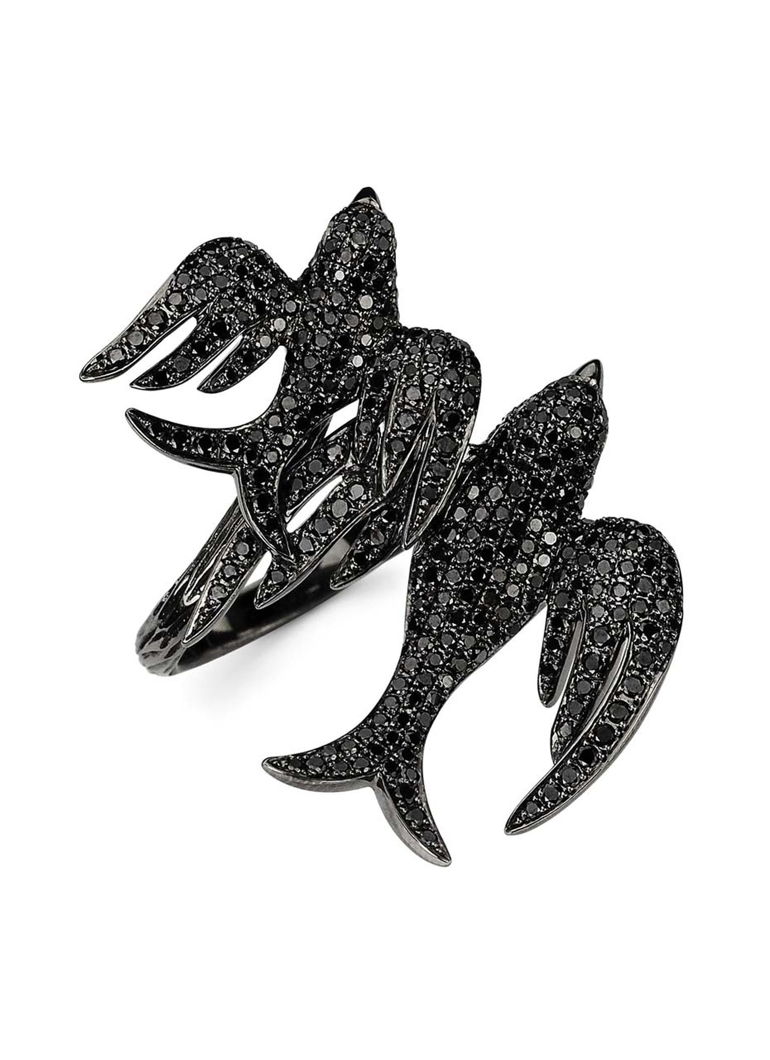 Colette Blue Drift black gold 2 Bird Bypass ring with black diamonds ($6,580).