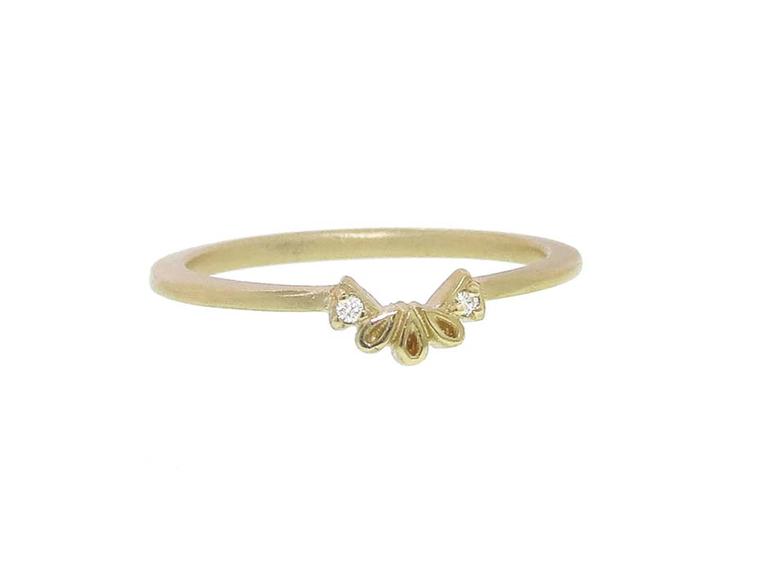 Megan Thorne's Plume engagement ring's matching petalled, diamond-accented wedding band.