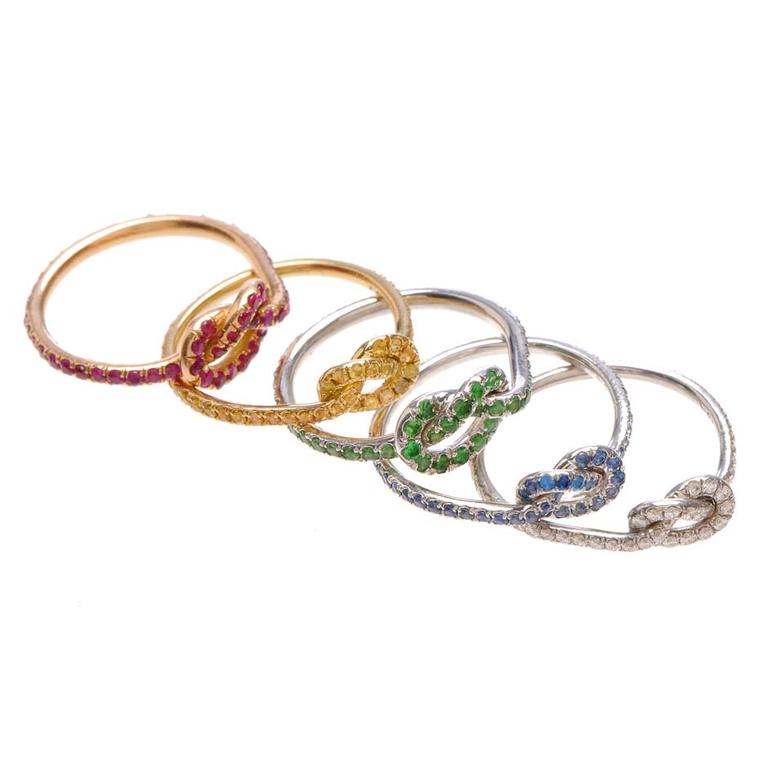 Finn Jewelry Love Knot rings available in a range of stackable hues.