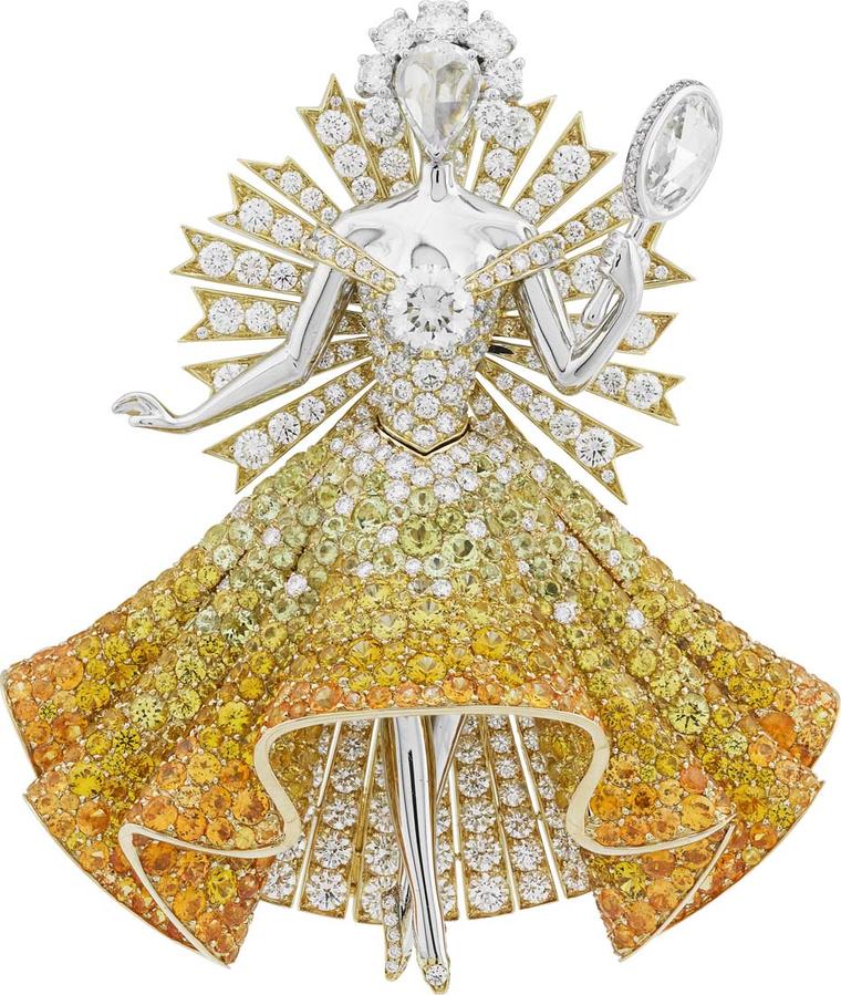 Van Cleef & Arpels Peau d'Âne collection white and yellow gold Sun Dress brooch with white and yellow diamonds, spessartite garnets, tourmalines and yellow sapphires.
