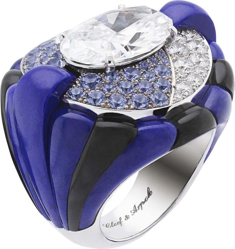 Van Cleef & Arpels Peau d'Âne collection Star of the Night white gold ring with lapis lazuli, onyx, diamonds, tanzanite and a central 5.75ct oval diamond.