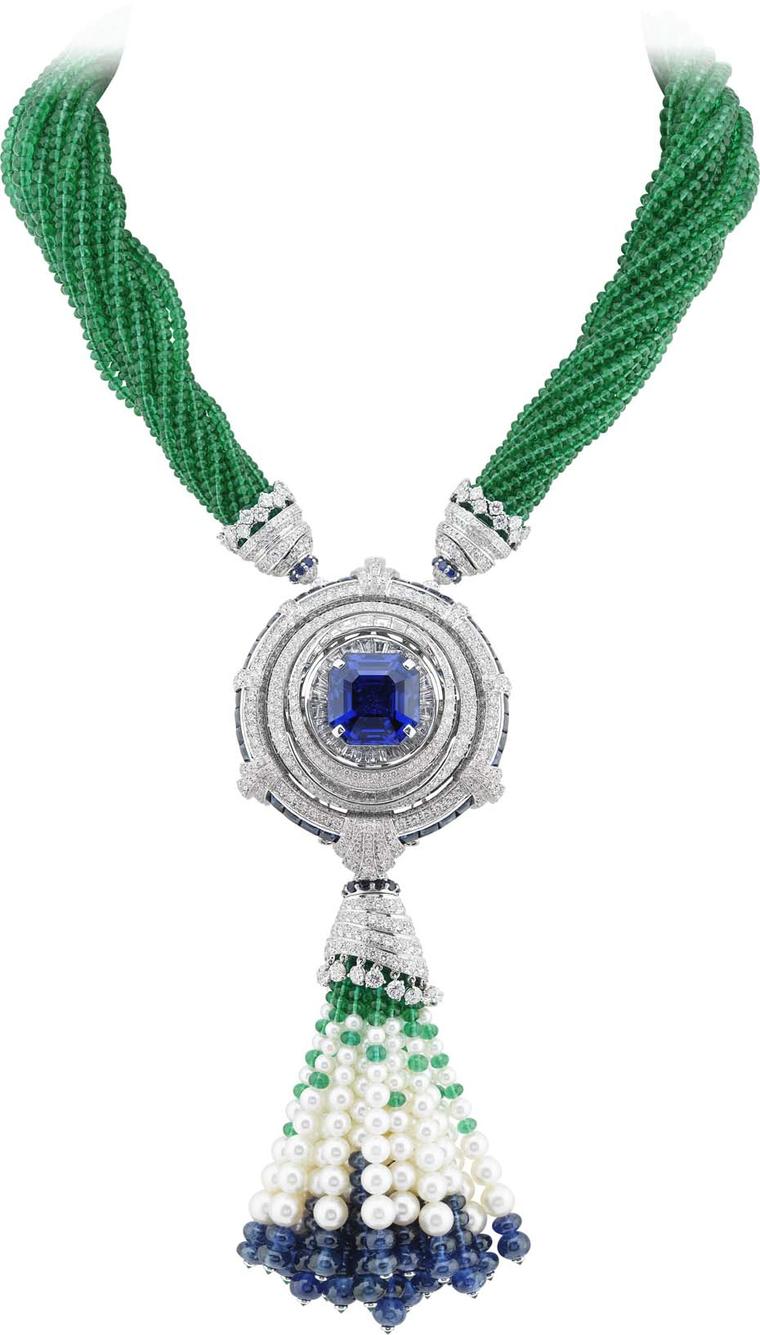 Van Cleef & Arpels Peau d'Âne Enchanted Forest white gold convertible necklace with diamonds, cabochons, sapphire beads and 381ct of emerald beads surrounding an octagonal 24.77ct sapphire.