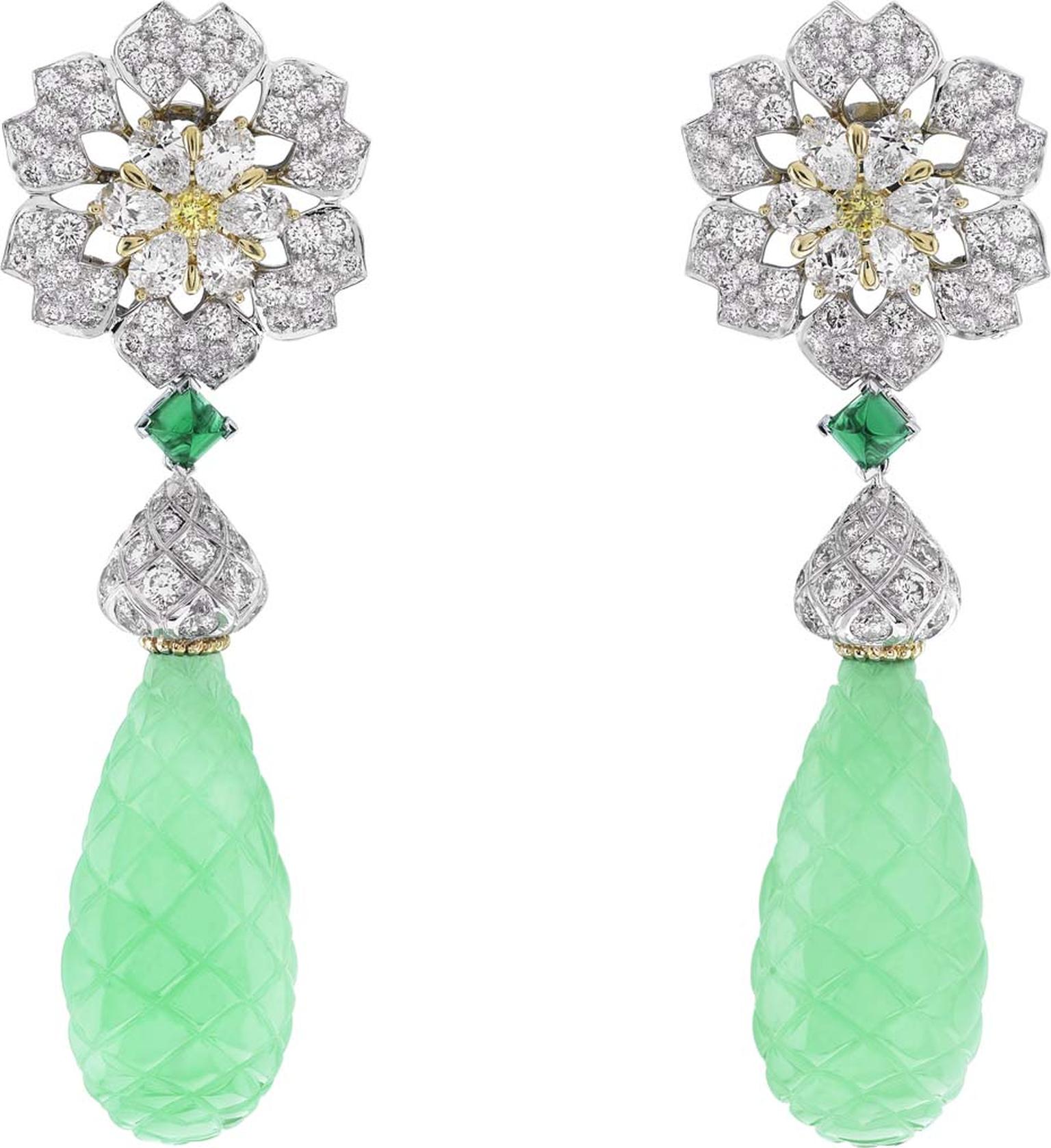 Van Cleef & Arpels Peau d'Âne collection Enchanted Forest white gold drop earrings with a white and yellow diamond flower motif above emerald cabochons and two carved chrysophrase.