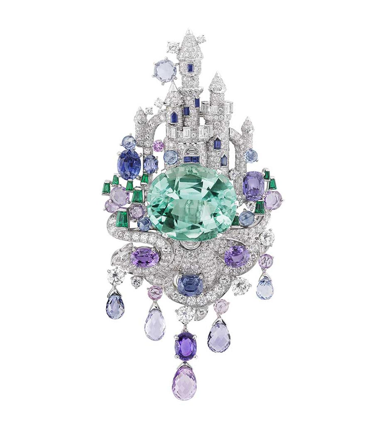 Van Cleef & Arpels Peau d'Âne collection white gold Enchanted Castle brooch with multiple cut diamonds, emeralds, sapphires and briolette gemstones surrounding a 39ct oval cut emerald.