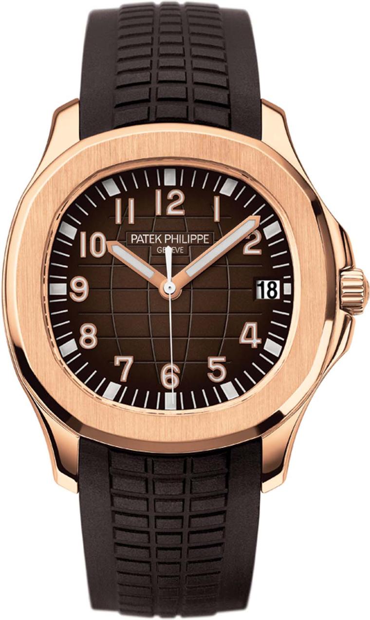 Patek Philippe Aquanaut dive watch in rose gold, with an embossed chocolate-brown dial with applied gold indices and matching composite strap.