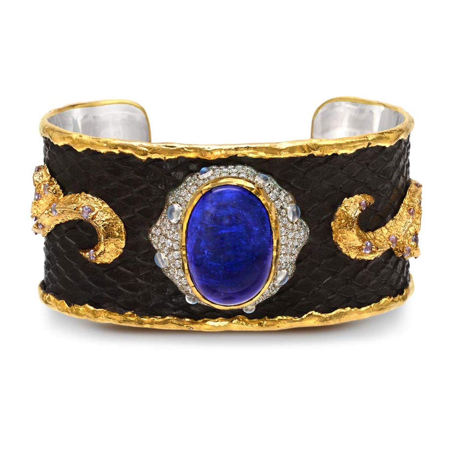 Victor Velyan gold and silver bracelet with a black patina, set with tanzanites, diamonds, moonstones and purple sapphires.