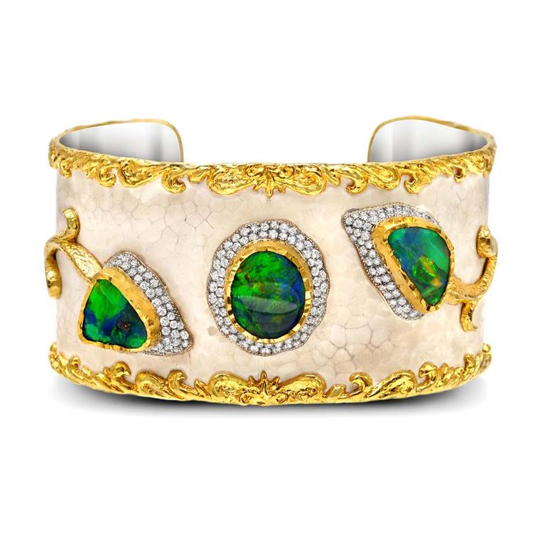 Victor Velyan gold and silver bracelet with a white patina, set with black opals and diamonds.