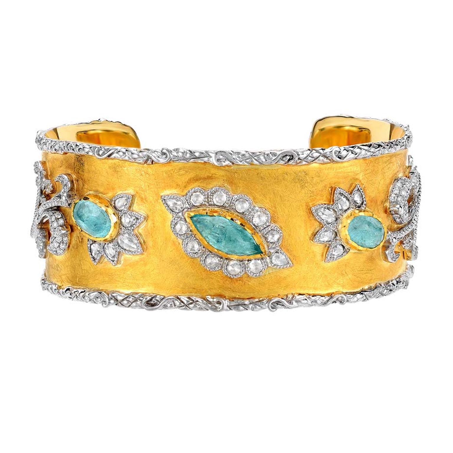 Victor Velyan gold bracelet with Paraiba tourmalines and diamonds.