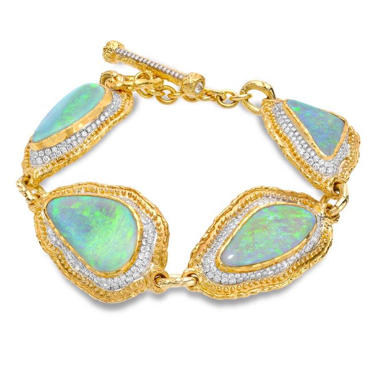 Victor Velyan white and yellow gold bracelet with black opals and diamonds.
