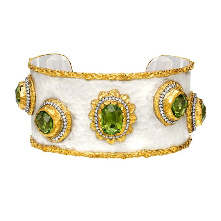 Victor Velyan gold and silver bracelet with a white patina, set with peridots and diamonds.