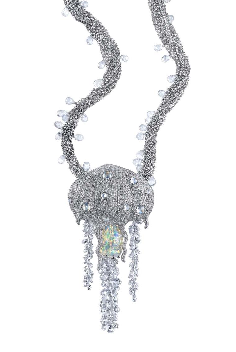 Victor Velyan white gold Jellyfish pendant with round diamonds, diamond briolettes, white sapphire briolettes, moonstones, blue fire opal and jelly opal.