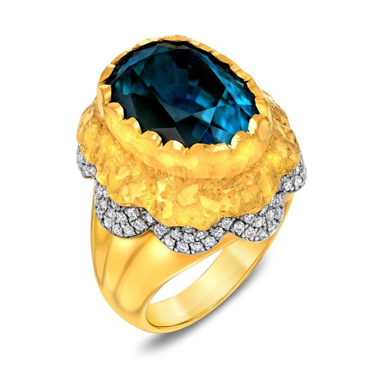 Victor Velyan white and yellow gold ring with a 22.96ct blue zircon and diamonds.