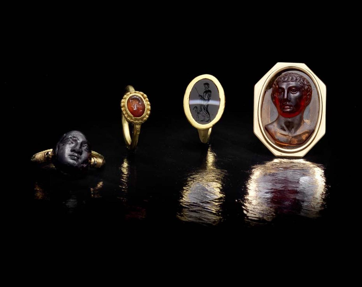 A selection of intaglio rings from the Ceres Collection. The most ancient ring of the collection dates from the 4th century BC and others range from the Renaissance period right through to the 19th century.