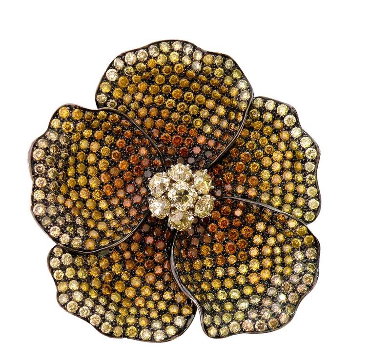 VIVAAN Bloom flower pendant-brooch studded with brilliant cut natural fancy yellow, green and burnt orange diamonds.