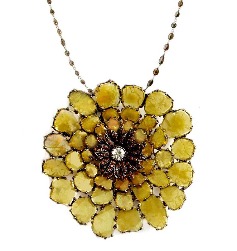 VIVAAN Gossamer flower pendant studded with natural yellow diamond rose cut slices, burnt orange diamonds and a central white diamond.