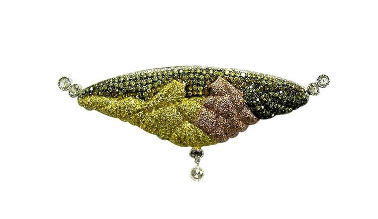 VIVAAN Whisper pendant-brooch studded with natural pink and yellow diamonds as well as natural green diamonds.