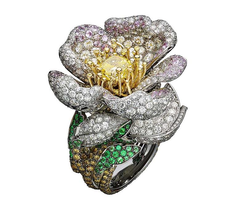 Giampiero Bodino Primavera white and yellow gold ring with white, grey, yellow and cognac diamonds, pink sapphires, emeralds and a central yellow diamond. Image: Laziz Hamani.