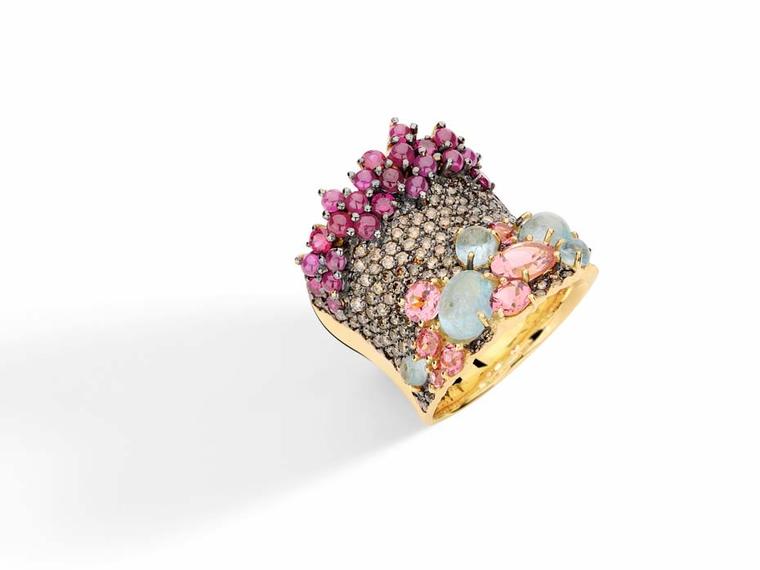Brumani Baobab collection yellow gold ring with brown diamonds, aquamarines, rubies and pink tourmalines.