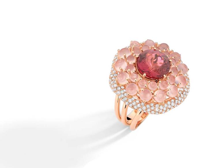 Brumani Baobab collection rose gold ring with rose quartz, a central pink tourmaline and diamonds.