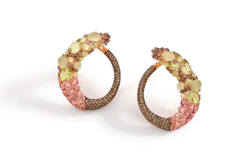 Brumani Baobab collection rose gold earrings with rown diamonds, chrysoberyl, lemon quartz and mandarin garnet.