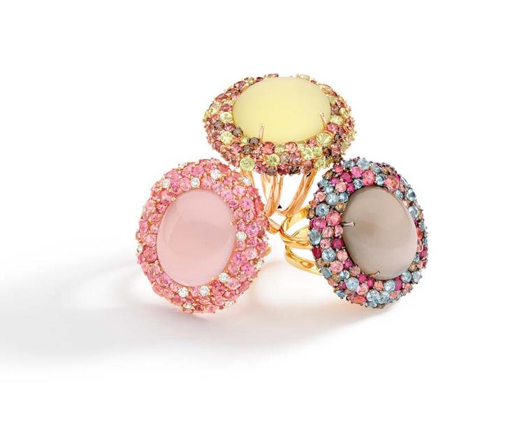 Brumani Baobab rings in yellow gold with rose, smoky and lemon quartz.