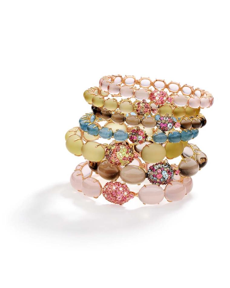 Brumani Baobab collection stacking rings in yellow and rose gold with brown and white diamonds, rose, smoky and lemon quartz, pink tourmalines, rubies, mandarin garnets and aquamarines.
