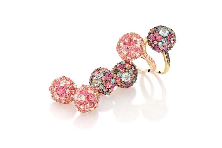 Brumani Baobab collection earrings and rings in yellow and rose gold with brown diamonds, white sapphires, rubies and blue and pink topaz.