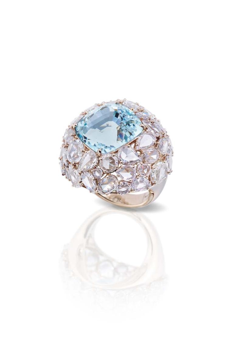 One-of-a-kind Pomellato Pom Pom collection aquamarine ring surrounded by different cuts of diamonds.