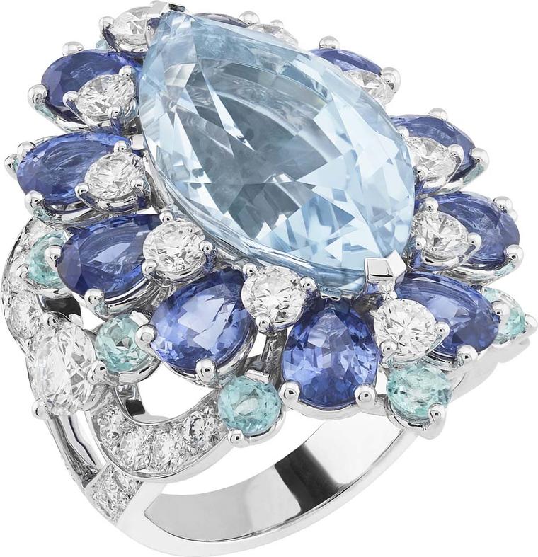 Van Cleef & Arpels white gold Peau d'Âne collection aquamarine ring surrounded by diamonds, sapphires and tourmalines.