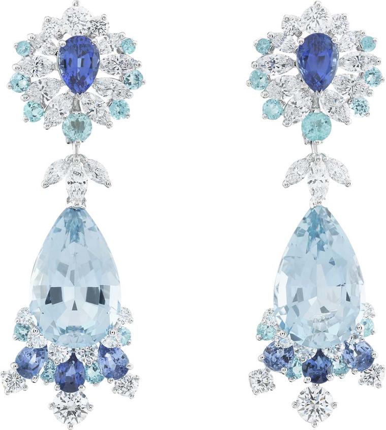 Van Cleef & Arpels white gold Peau d'Âne collection aquamarine earrings with diamonds, sapphires and tourmalines.