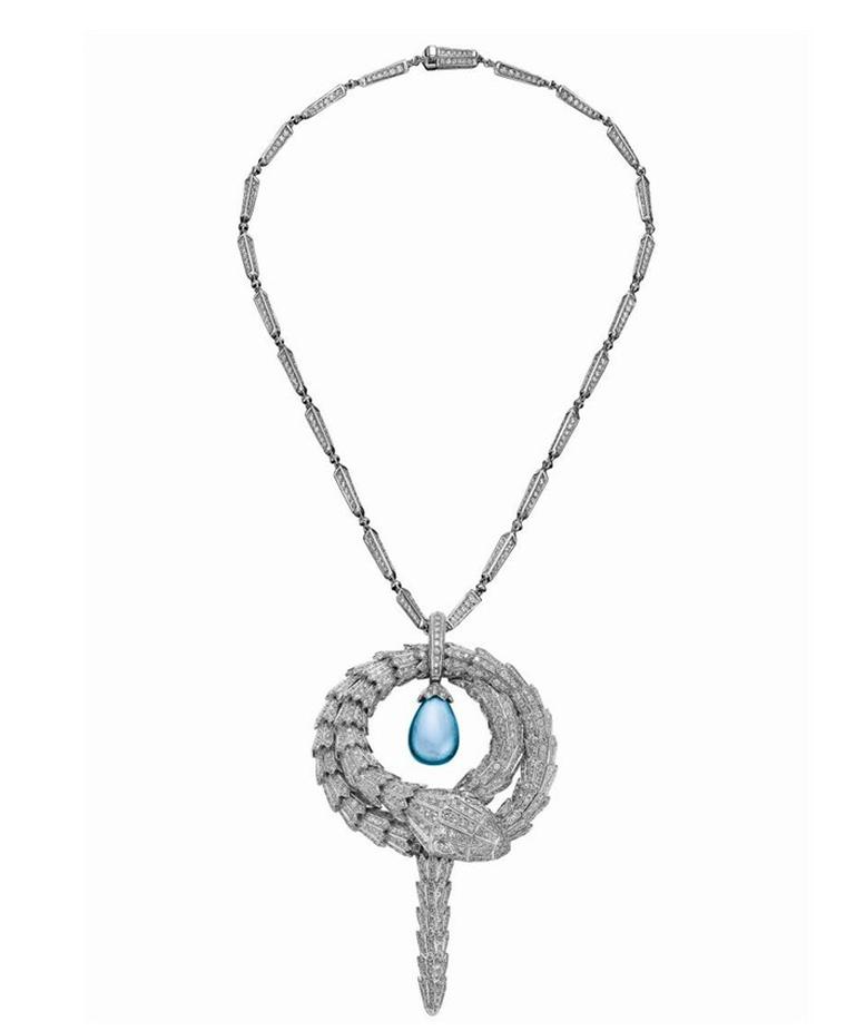 The Bulgari Serpenti necklace featuring a diamond encrusted serpent encircling a single aquamarine bought by Justin Bieber for $545,000 at the 2014 amfAR Cinema Against AIDS auction at the Cannes Film Festival. Bieber outbid Leonardo DiCaprio for the one-