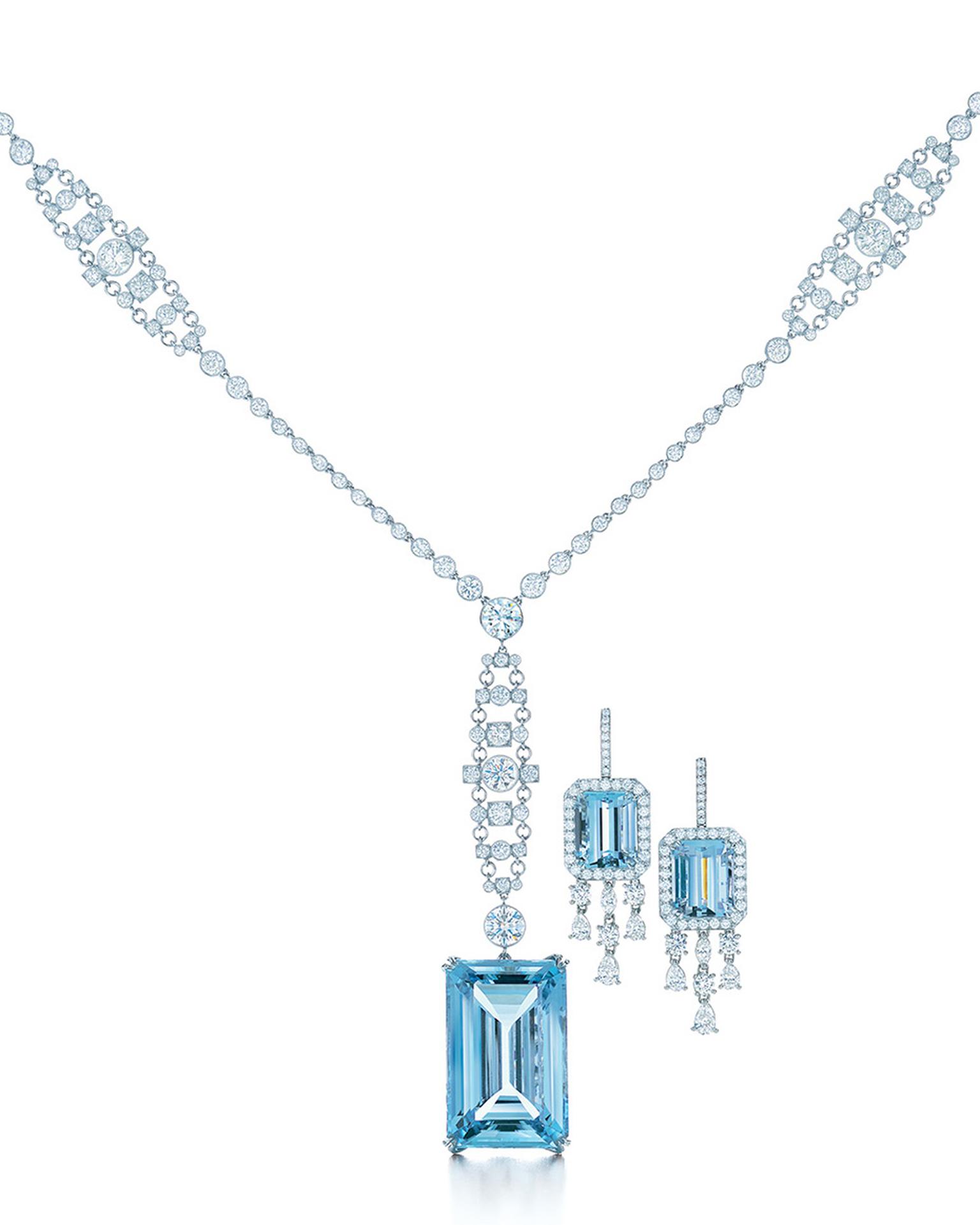 Tiffany's Great Gatsby collection platinum and diamond necklace featuring a 49.59ct emerald cut as well as platinum and diamond earrings with emerald cut aquamarines, as worn in The Great Gatsby film.