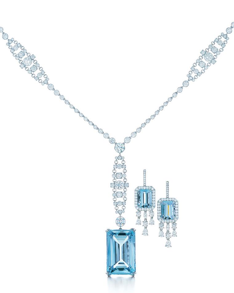 Tiffany's Great Gatsby collection platinum and diamond necklace featuring a 49.59ct emerald cut as well as platinum and diamond earrings with emerald cut aquamarines, as worn in The Great Gatsby film.