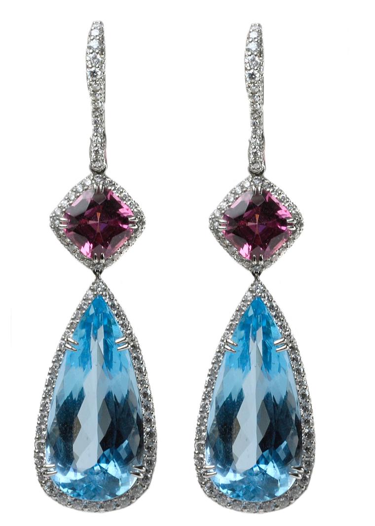 Lucie Campbell platinum earrings featuring pear-shaped aquamarine drops with spinel tops, surrounded by diamonds.