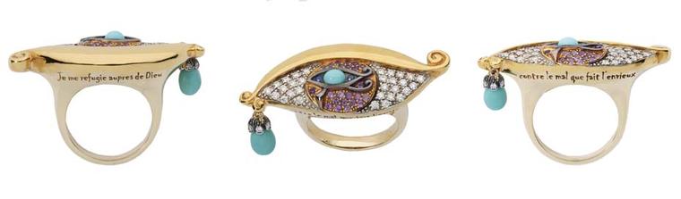 Sylvie Corbelin's creations have a mystical, poetic quality. Her Fascination ring features an inscription, which reads "I take refuge in God against the evil of the envious", representing the eye's historic use in warding off evil spirits.