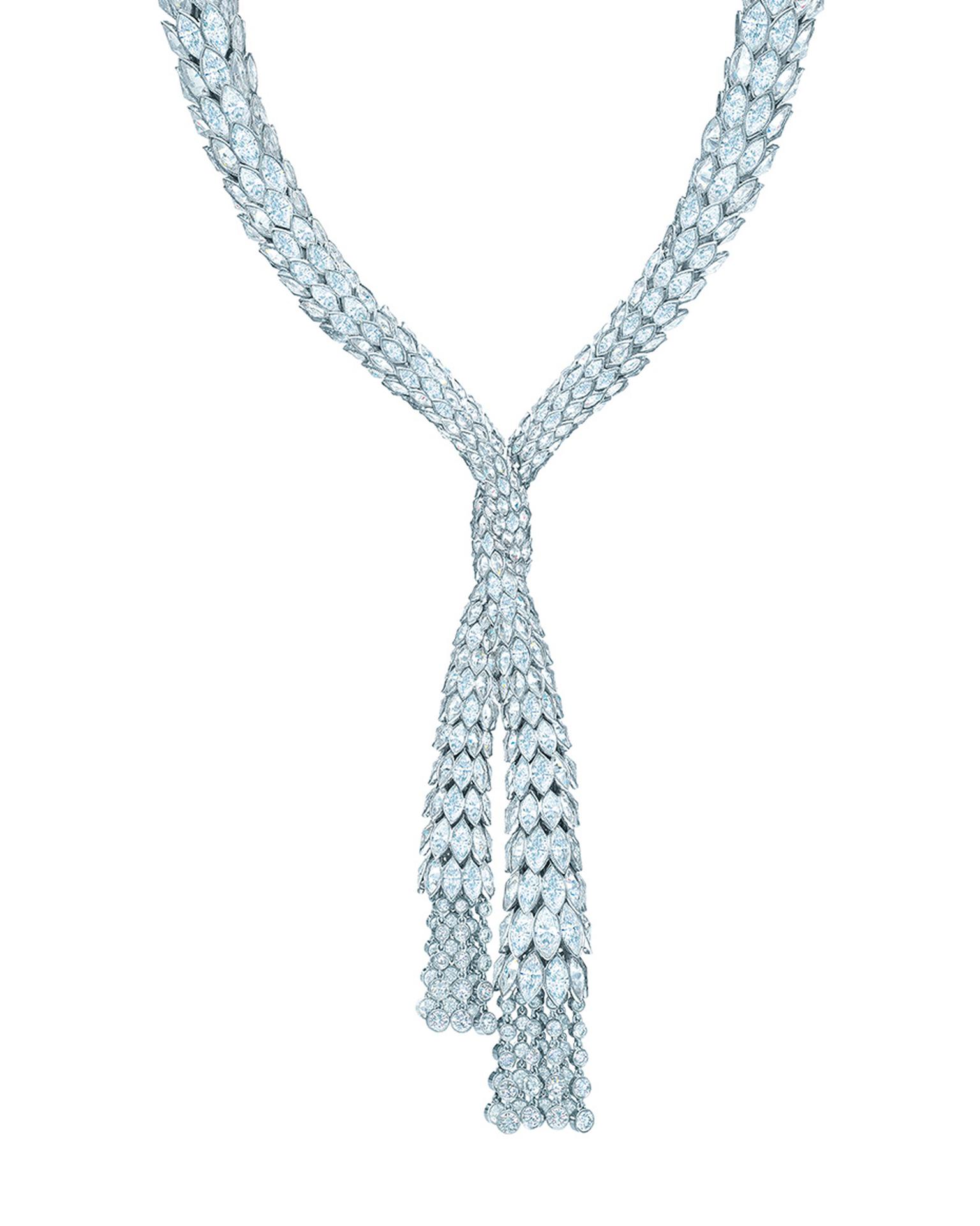 Tiffany Blue Book collection diamond drape necklace features more than 140ct of rosecut marquise and round brilliant diamonds.