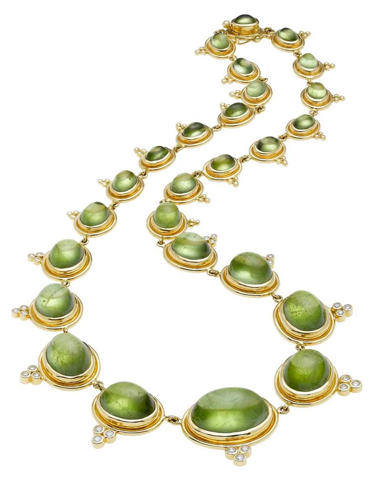 Temple St. Clair Classic Graduated gold necklace with cabochon peridot and diamond.