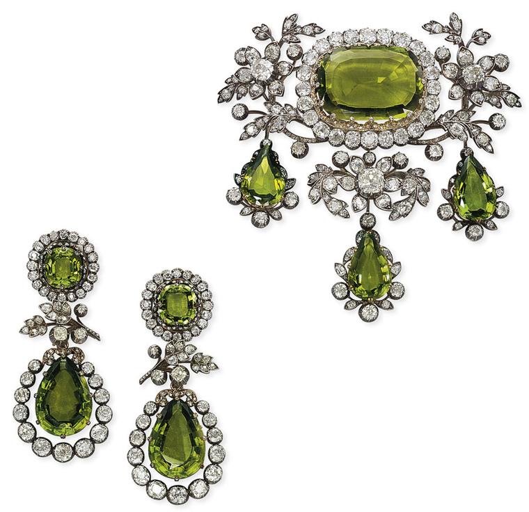 An earring and brooch set circa 1825 featuring antique peridots and diamonds from Lily Safra's jewellery collection sold at a 2012 Christie's auction. Photo Denis Hayoun - Diode SA. Sold for CHF159,000.