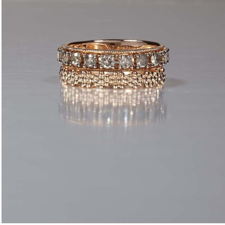 Annoushka white Dusty Diamond Eternity ring above a granulated gold Alchemy Daisy ring.