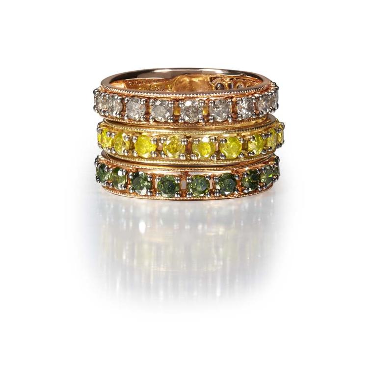 Annoushka stackable Dusty Diamond Eternity rings with white, yellow and green diamonds.