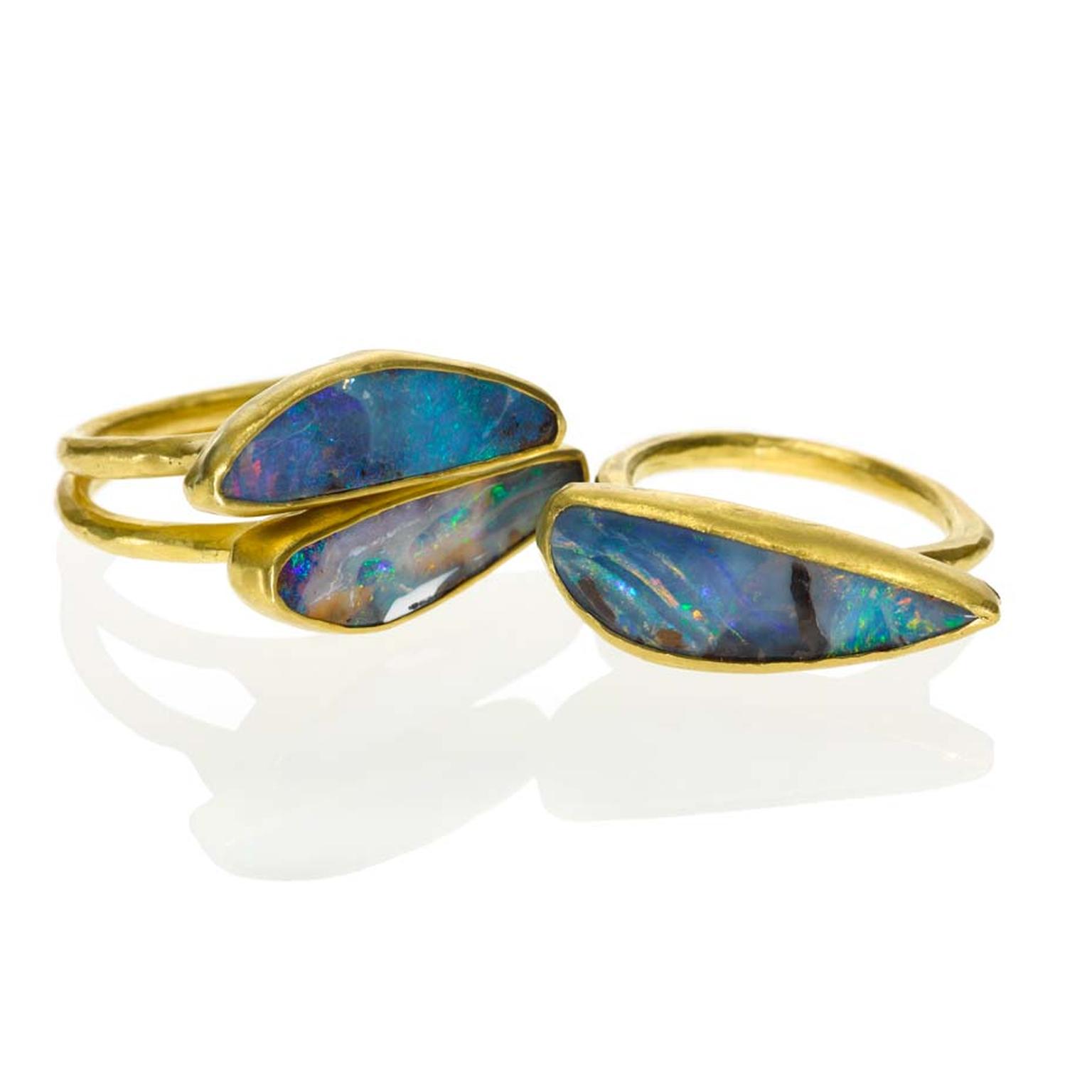 Margery Hirschey stackable opal and gold rings.