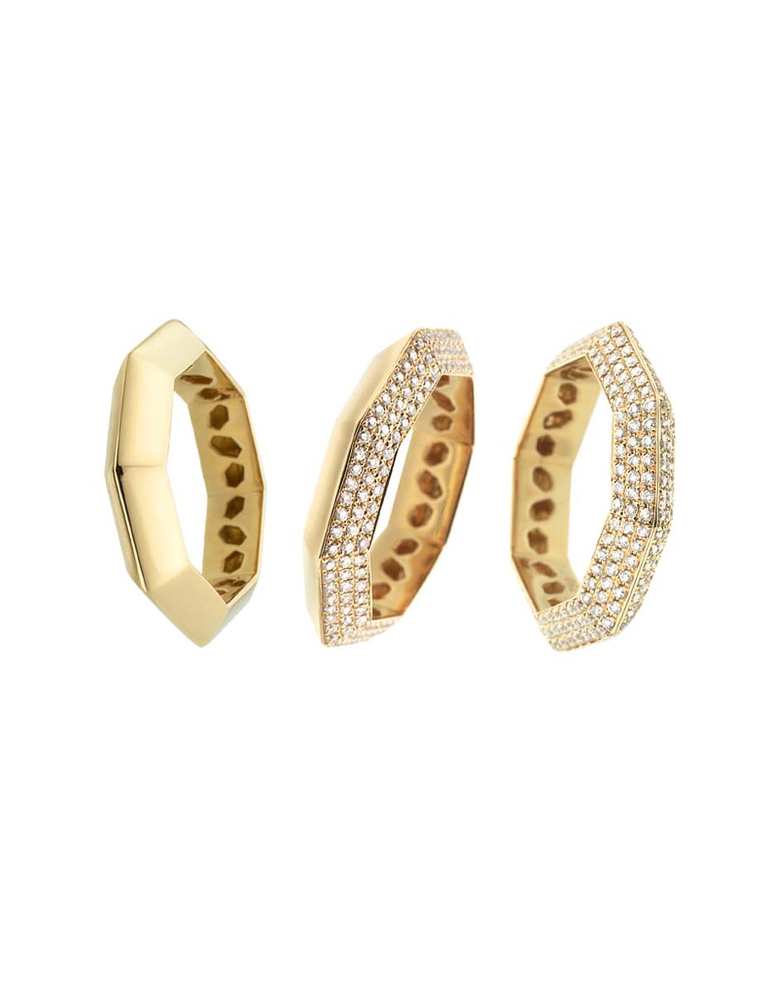 Octium Stacks and Facets yellow gold and diamond rings.