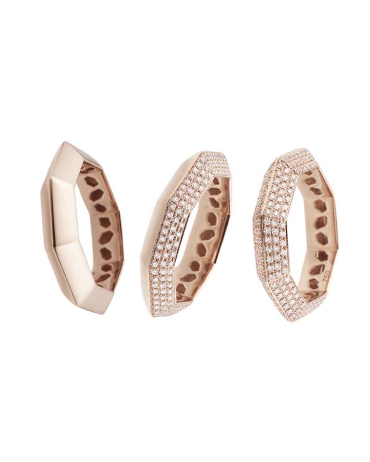 Octium Stacks and Facets rose gold and diamond rings.