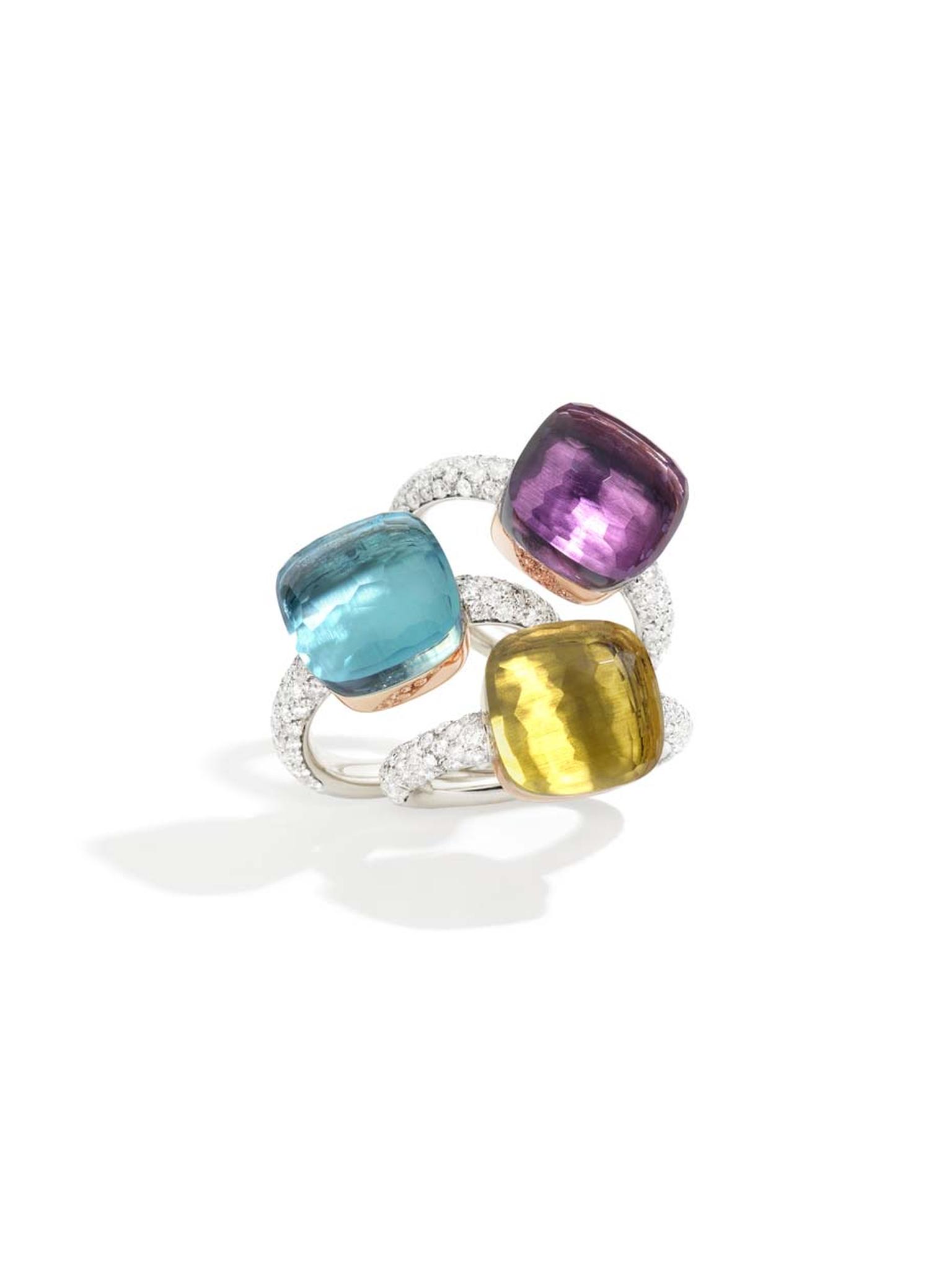 Pomellato Stackable Nudo white gold and diamond rings in amethyst, blue topaz or lemon quartz.