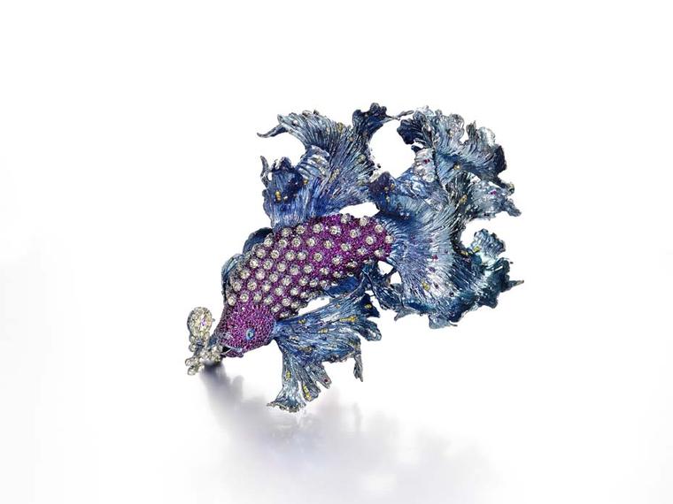Wallace Chan Gleams of Waves brooch featuring yellow diamonds at 6.68ct each, rubies and pink sapphires.