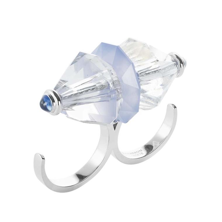 Reminiscent of Iranian architecture, the Boucheron Ispahan ring features rock crystal cut as if it were a diamond, allowing for the subtle shades of blue to move with the light. The ring also features hematite, a stone rarely used in High Jewellery.